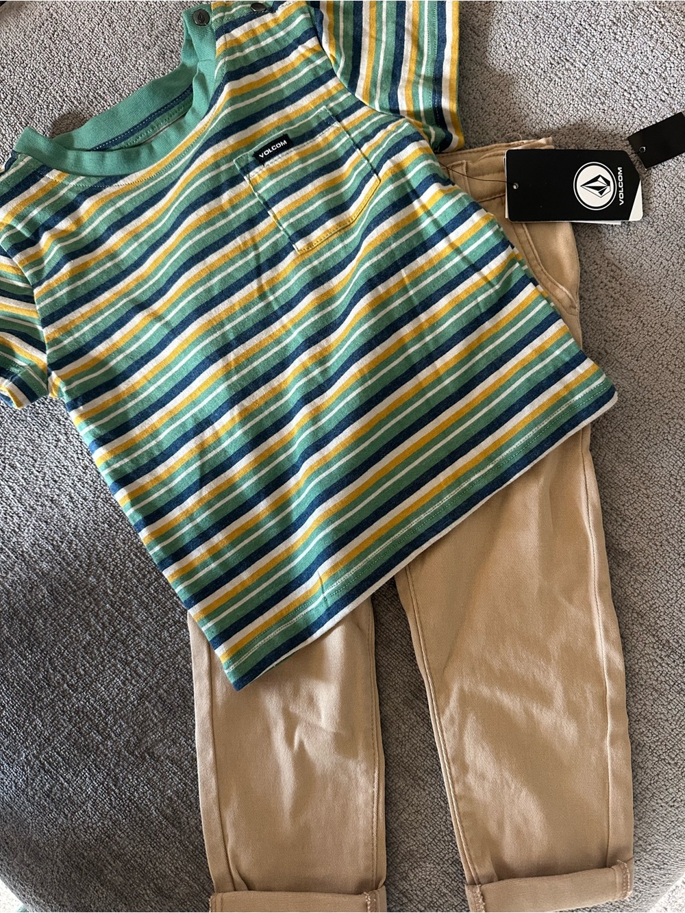 Volcom Green Striped Short Sleeve Tee with Chest Pocket